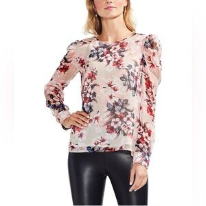 Vince Camuto Women L Top Long Sheer Puff Sleeve Blouse Floral Fairy Feminine